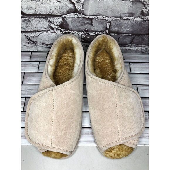 Old Friend Beige Peep Toe Strap Sheepskin Fur Slippers Men Sz 14-15M US/48EU